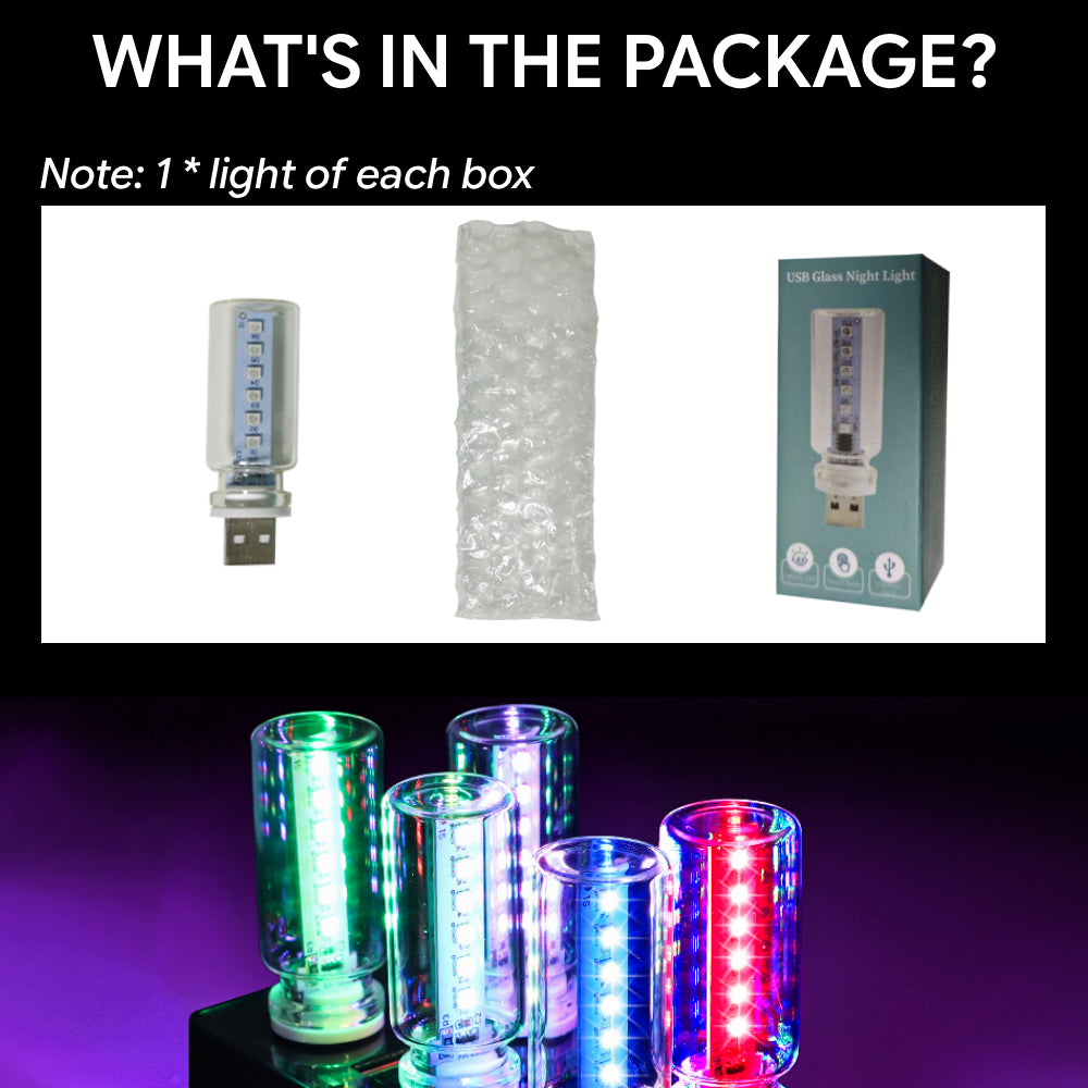RGB USB mood light package includes one light, protective wrap, and retail box for a compact plug-in ambient light.