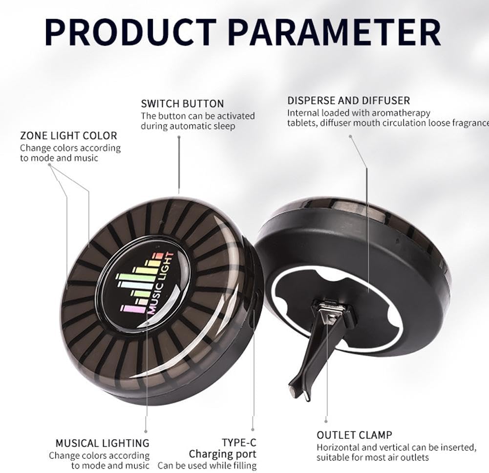 RGB vent air freshener parameter guide with fragrance diffuser body, outlet clip, music sensing, and ambient light details.