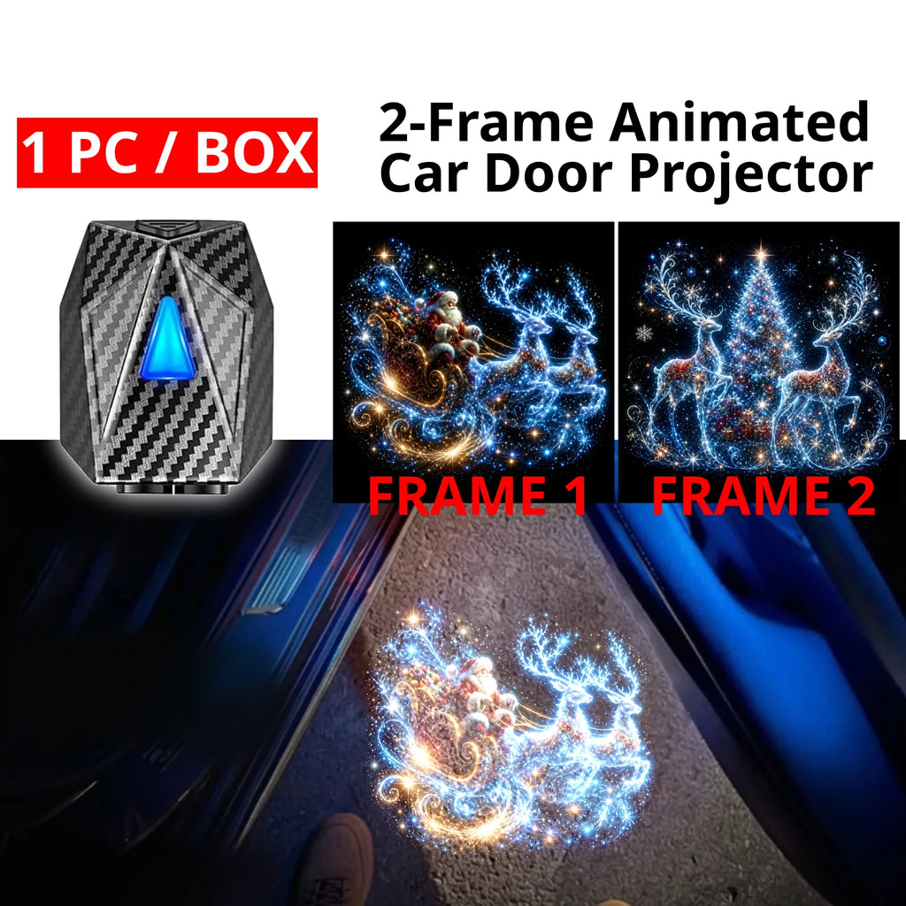One Christmas car door projector with 2-frame Santa sleigh and reindeer artwork for festive ground projection.