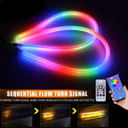 Sequential flow RGB headlight LED strip with dynamic turn signal effect and colorful DRL-style accent lighting.