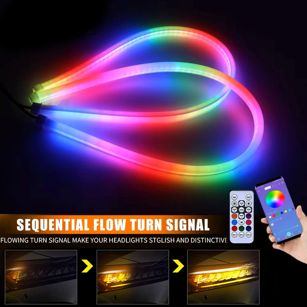 Sequential flow RGB headlight LED strip with dynamic turn signal effect and colorful DRL-style accent lighting.