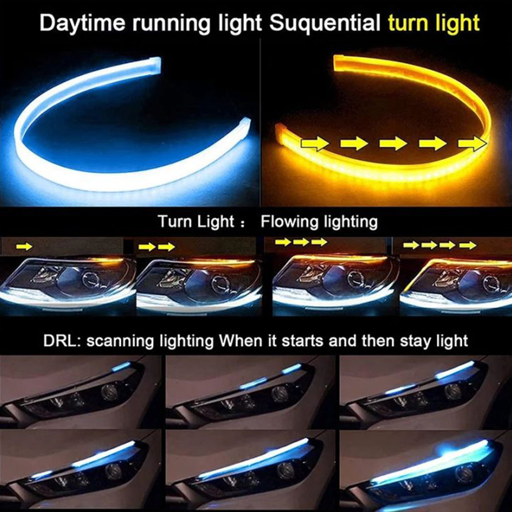 Sequential amber turn signal headlight strip with white scanning DRL effect for custom front-light styling.