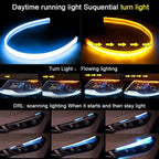 Sequential amber turn signal headlight strip with white scanning DRL effect for custom front-light styling.