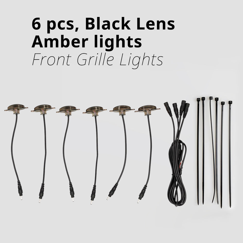 6-piece black lens amber grille light kit with wiring harness and ties for fuller front grille coverage.