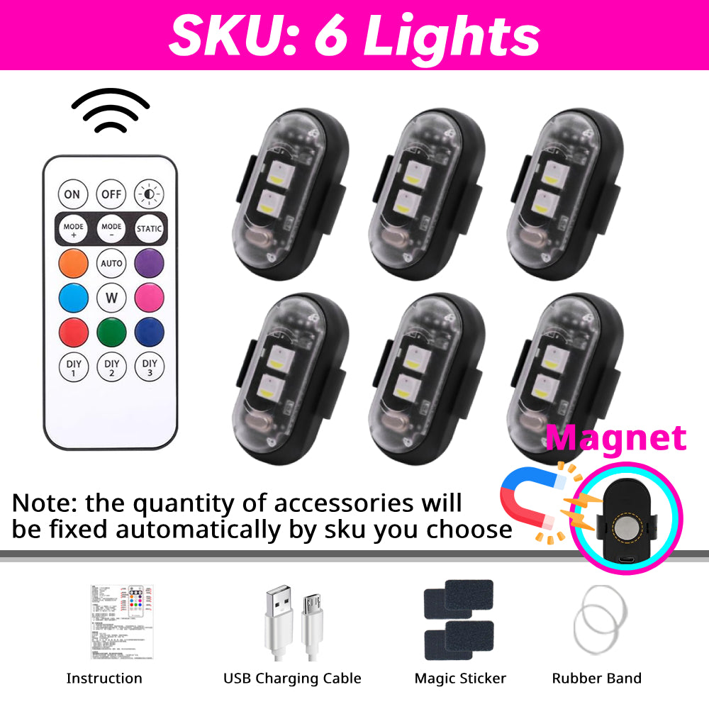 6-piece magnetic RGB light set with remote control for wider car, room, scooter, or party lighting layouts.