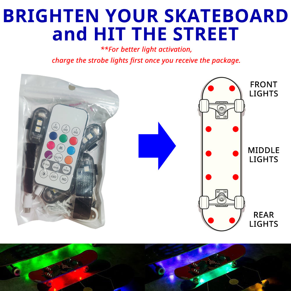 Skateboard underglow light placement guide with front, middle, and rear light positions for street-style board glow.