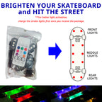 Skateboard underglow light placement guide with front, middle, and rear light positions for street-style board glow.