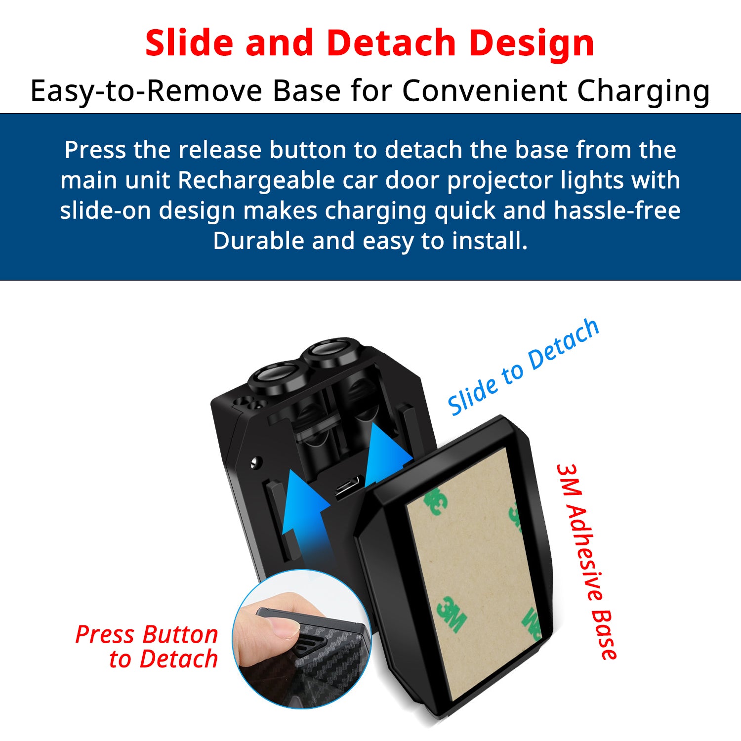 Slide-and-detach car door projector base makes charging easier without removing the full adhesive mount from the door.