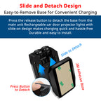 Slide-and-detach door projector base lets you remove the light for charging without peeling off the adhesive mount.