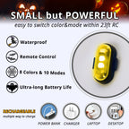 Small waterproof Halloween RGB strobe light with remote control, 8 colors, 10 modes, and rechargeable battery.