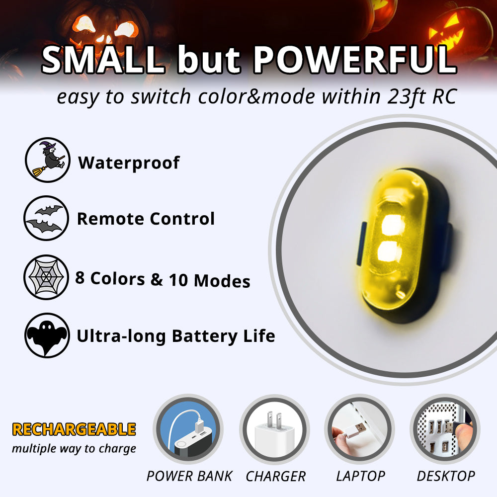 Small waterproof Halloween RGB strobe light with remote control, 8 colors, 10 modes, and rechargeable battery.