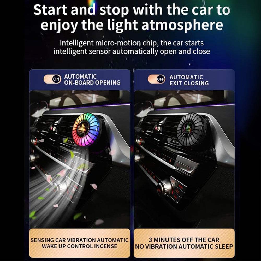 Smart car air freshener starts and stops with the vehicle for automatic cabin scent and RGB ambient light control.