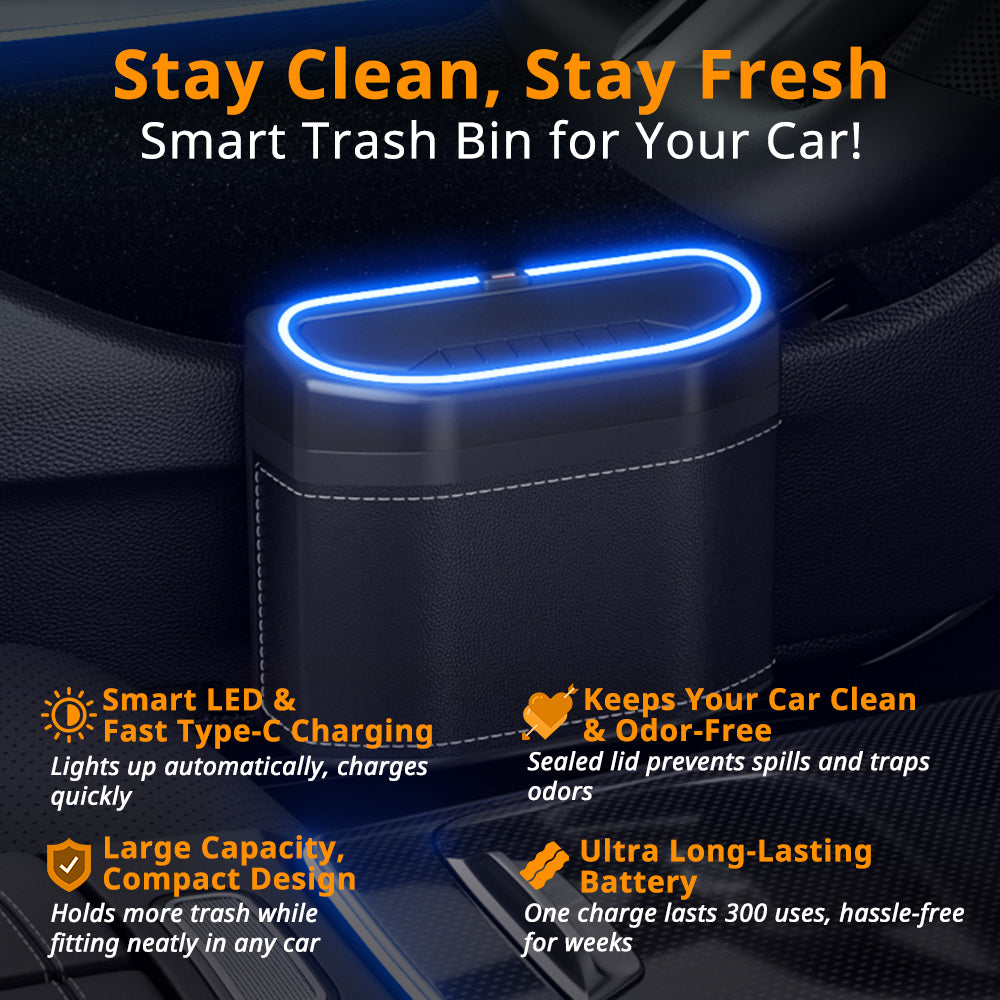 Smart LED car trash bin with touch light, Type-C charging, odor-control lid, and large-capacity interior for daily drives.