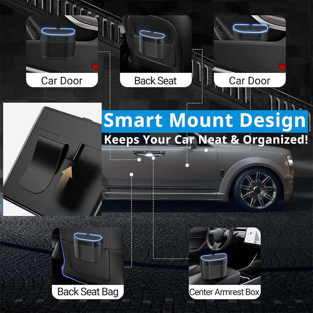 Smart mount car trash bin fits car doors, back seats, center armrest areas, and storage bags for flexible placement.