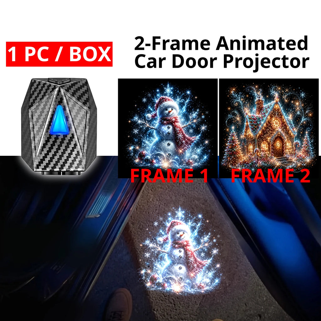 One Christmas car door projector with 2-frame snowman and gingerbread house artwork for a cheerful holiday welcome glow.
