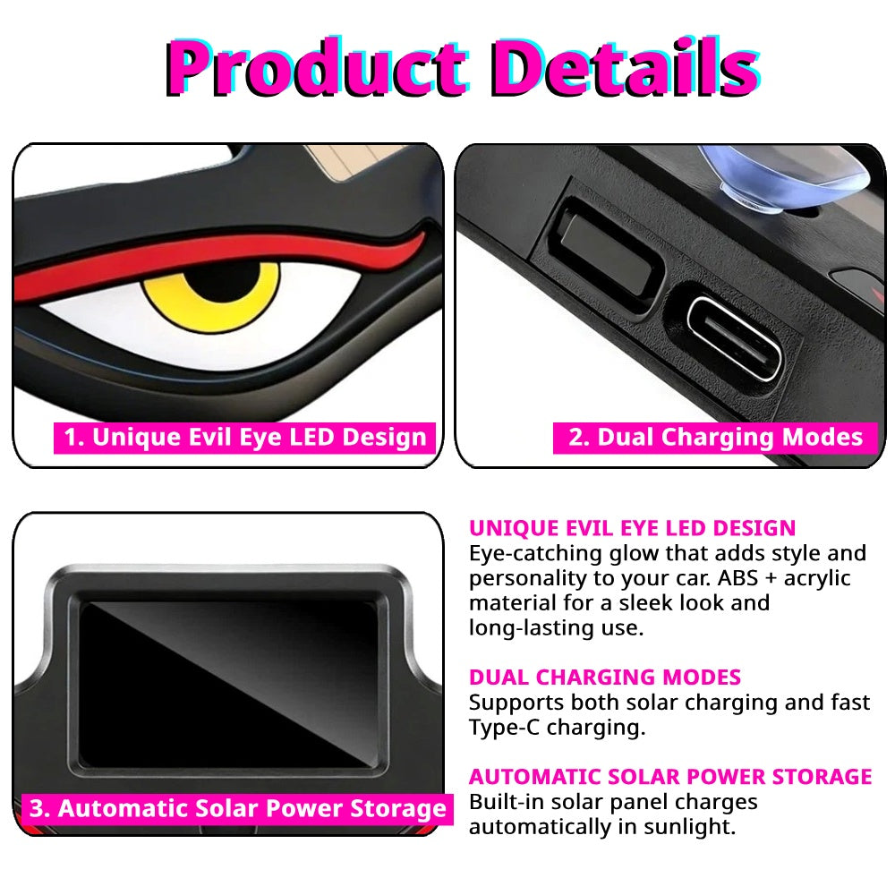 Solar Devil Eyes LED window light with dual charging modes, auto light sensor, and solar panel storage display.