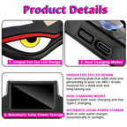 Solar Devil Eyes LED window light with dual charging modes, auto light sensor, and solar panel storage display.