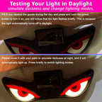 Daylight test guide for the solar Devil Eyes light explains how to cover the solar panel and check lighting modes.
