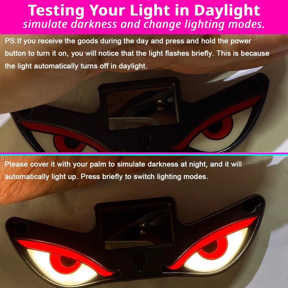 Daylight test guide for the solar Devil Eyes light explains how to cover the solar panel and check lighting modes.