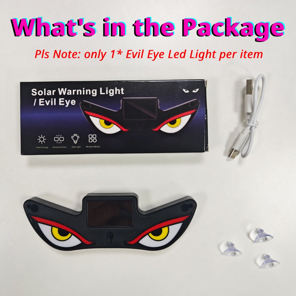 Solar Devil Eyes window light package includes one LED eye light, charging cable, suction cups, and retail box.