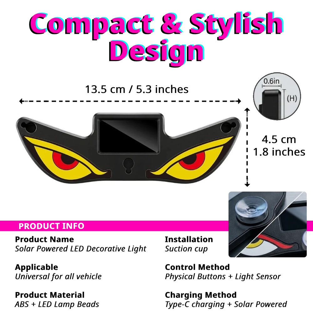 Solar Devil Eyes window light measures 5.3 inches wide with solar charging and compact interior window placement.
