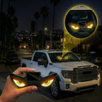 Solar Devil Eyes window light adds a bold yellow eye glow to truck rear windshields and side windows at night.