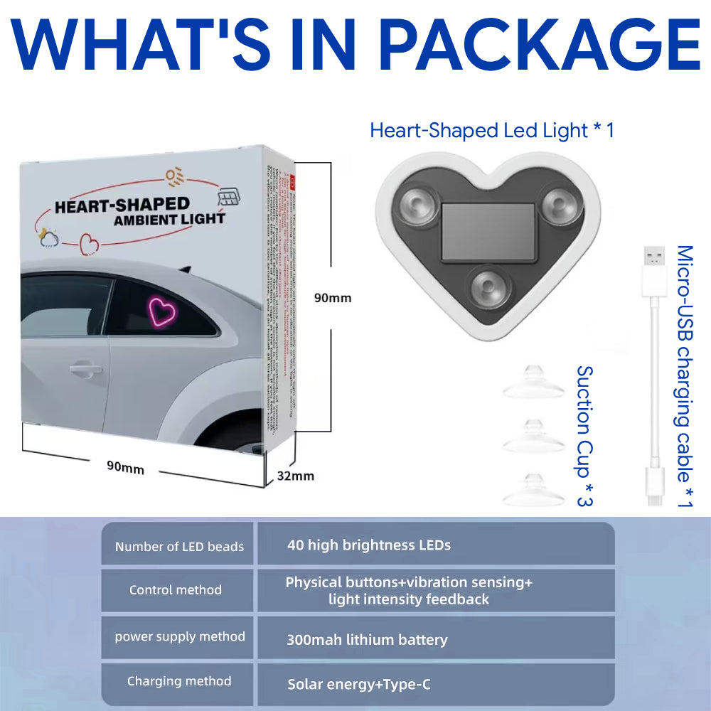 Solar heart LED light package includes one heart-shaped light, suction cups, charging cable, and retail box.