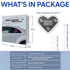 Solar heart LED light package includes one heart-shaped light, suction cups, charging cable, and retail box.