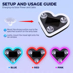 Solar heart LED light setup guide with suction cup mounting and blue, red, or pink color choices.