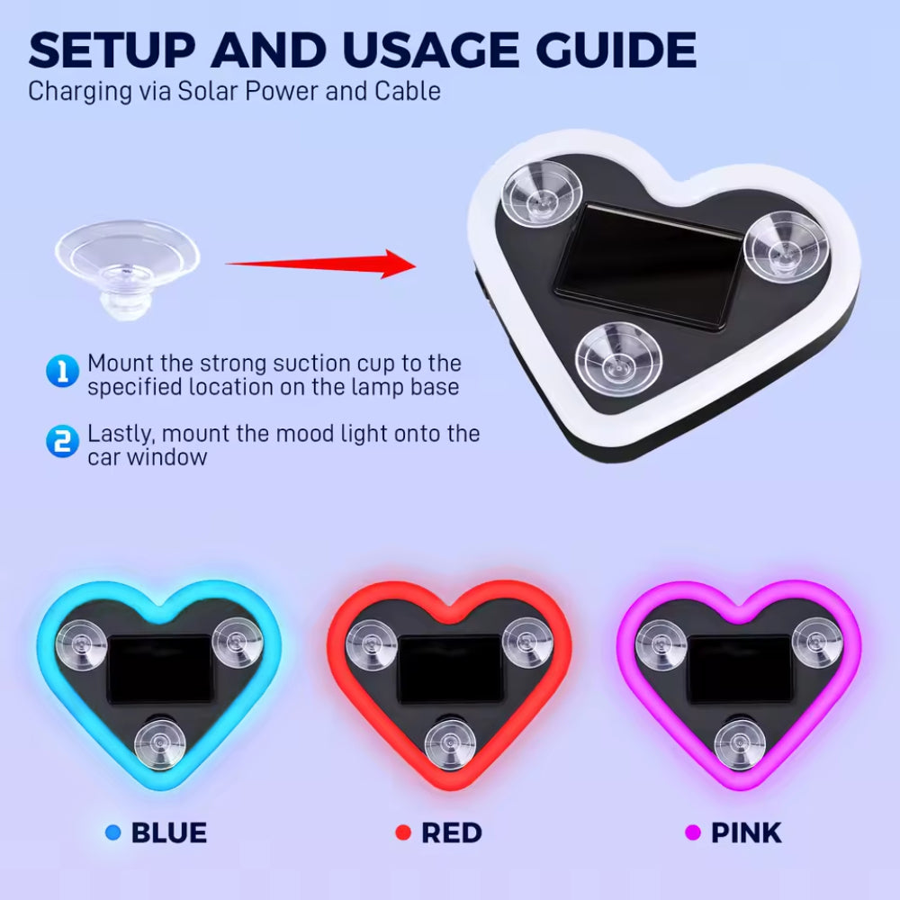 Solar heart LED light setup guide with suction cup mounting and blue, red, or pink color choices.