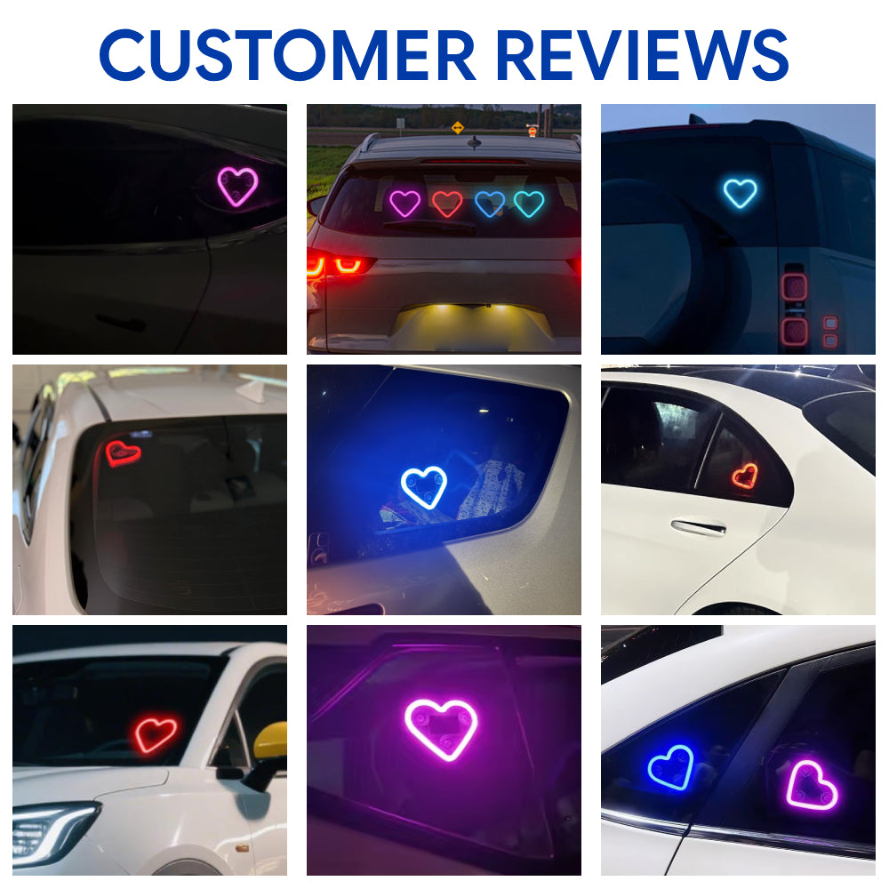 Solar heart LED window light installed on different vehicles with pink, blue, and red glowing heart effects.