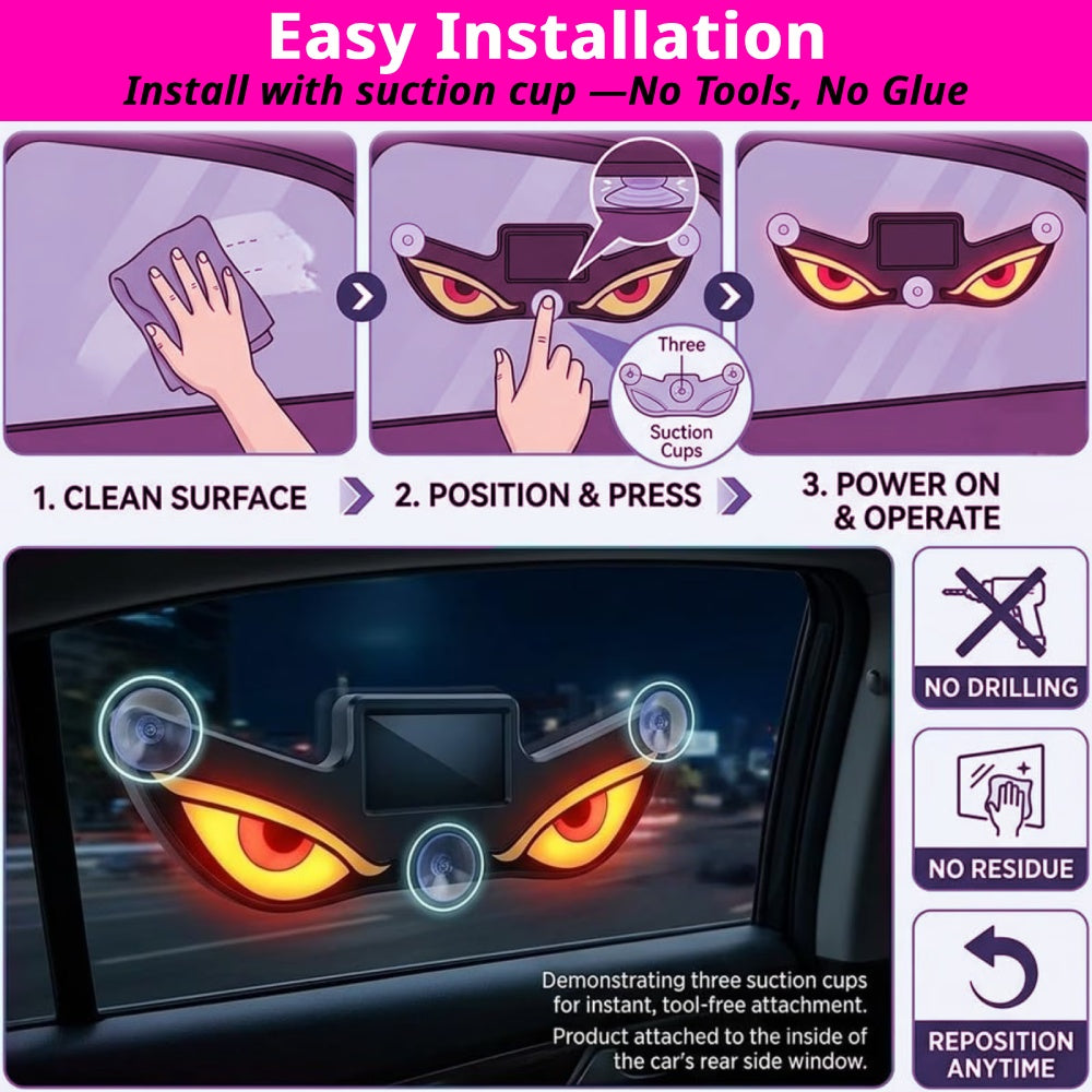 Solar window Devil Eyes light installs with suction cups on clean glass without drilling, wiring, or permanent changes.