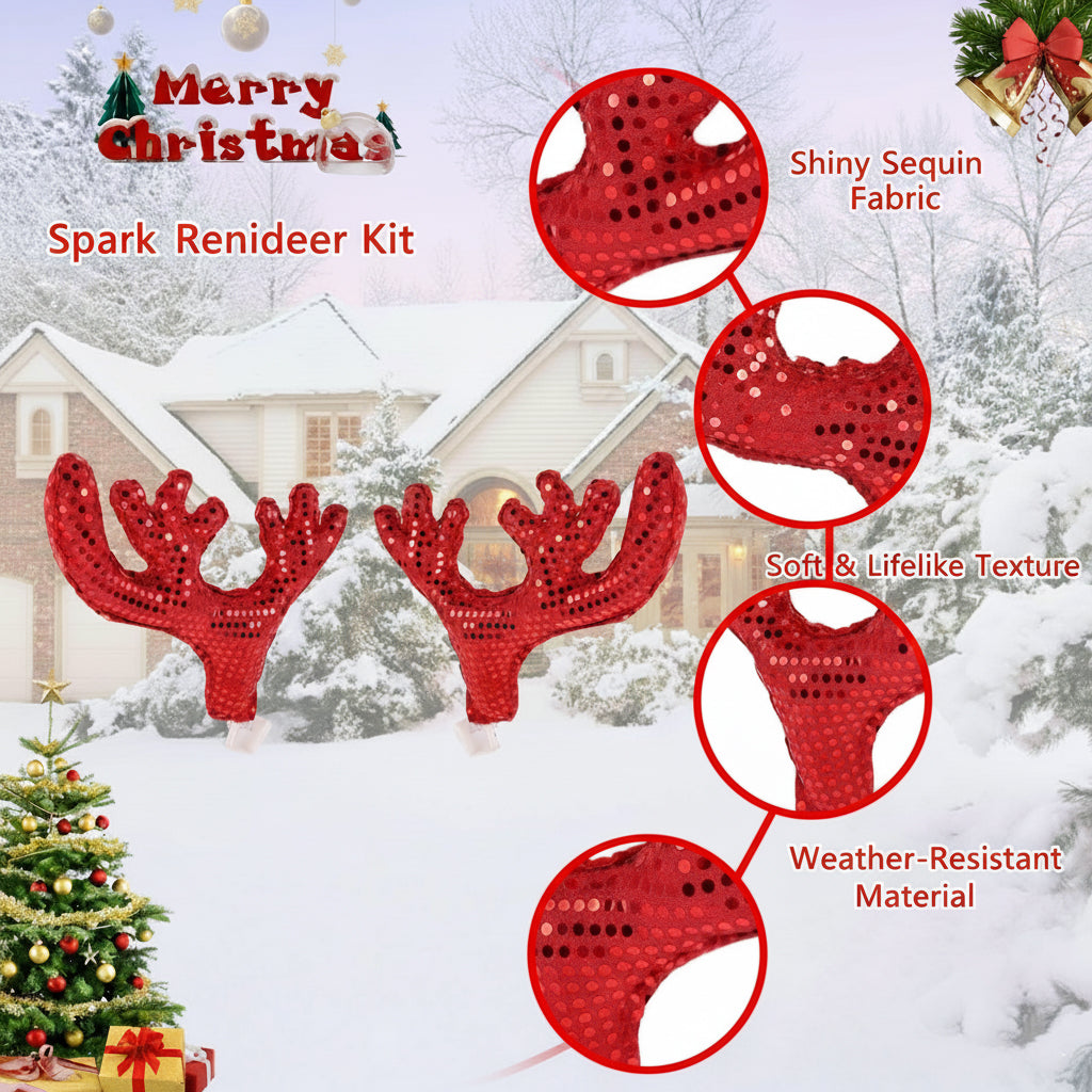 Spark reindeer car antlers with shiny sequin fabric, weather-resistant material, and plush holiday styling.