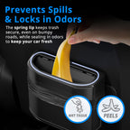 Car trash bin with spring lid helps prevent spills, lock in odors, and keep wrappers or tissues contained in the cabin.