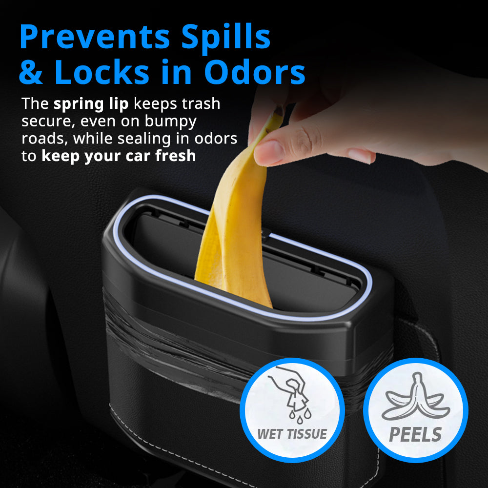 Car trash bin with spring lid helps prevent spills, lock in odors, and keep wrappers or tissues contained in the cabin.