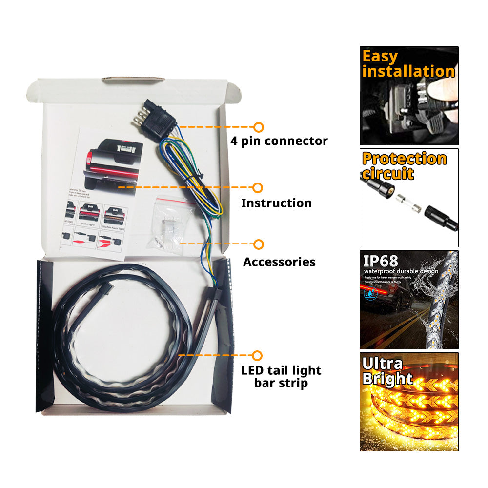 Tailgate light bar package with LED strip, 4-pin connector, instruction sheet, mounting accessories, and protection circuit.