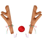 Tan plush reindeer car antlers kit with red nose for a warm classic holiday vehicle decoration look.