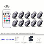 10-piece RGB rechargeable footwell light pack with remote control for fuller cabin accent lighting and flexible placement.