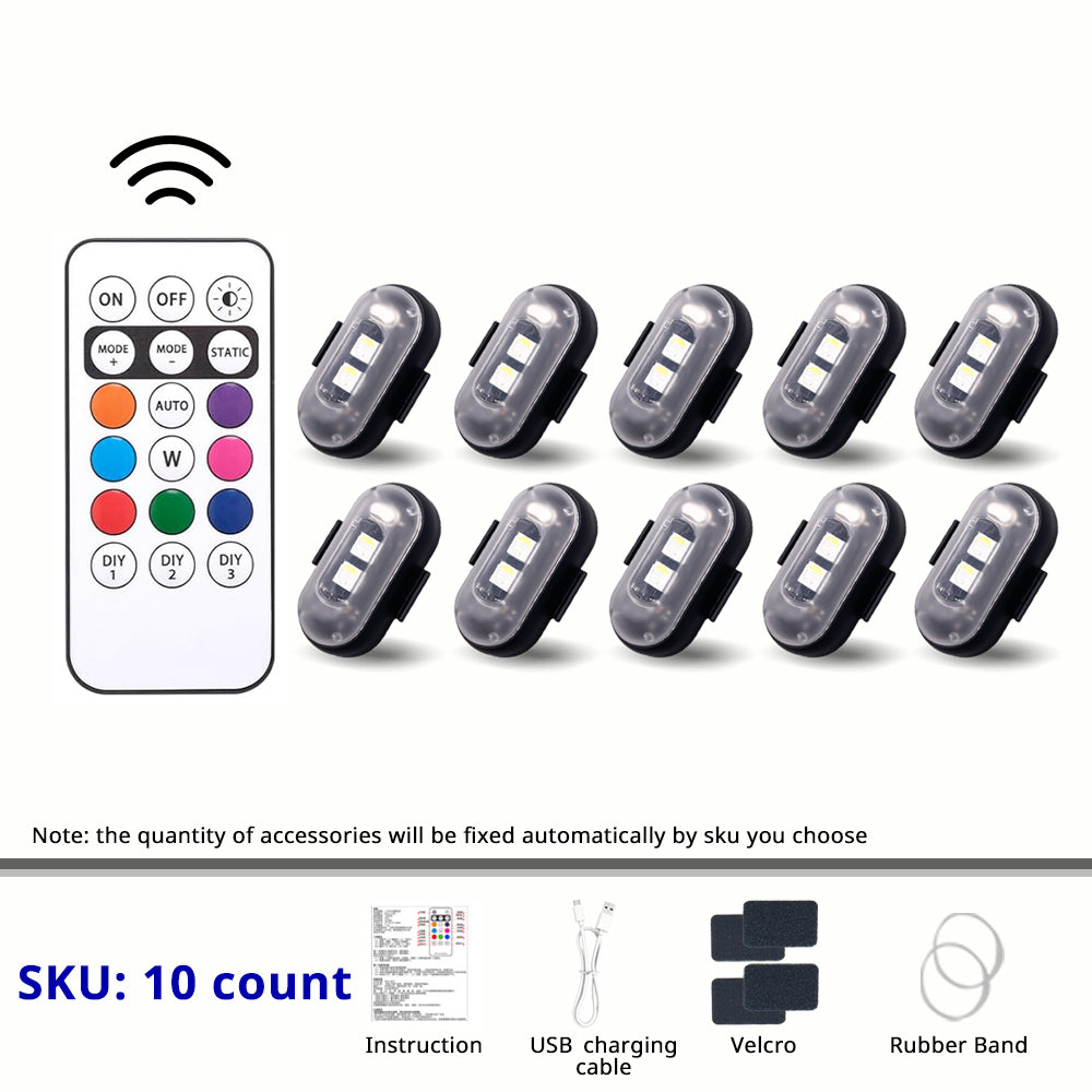 10-piece RGB rechargeable footwell light pack with remote control for fuller cabin accent lighting and flexible placement.