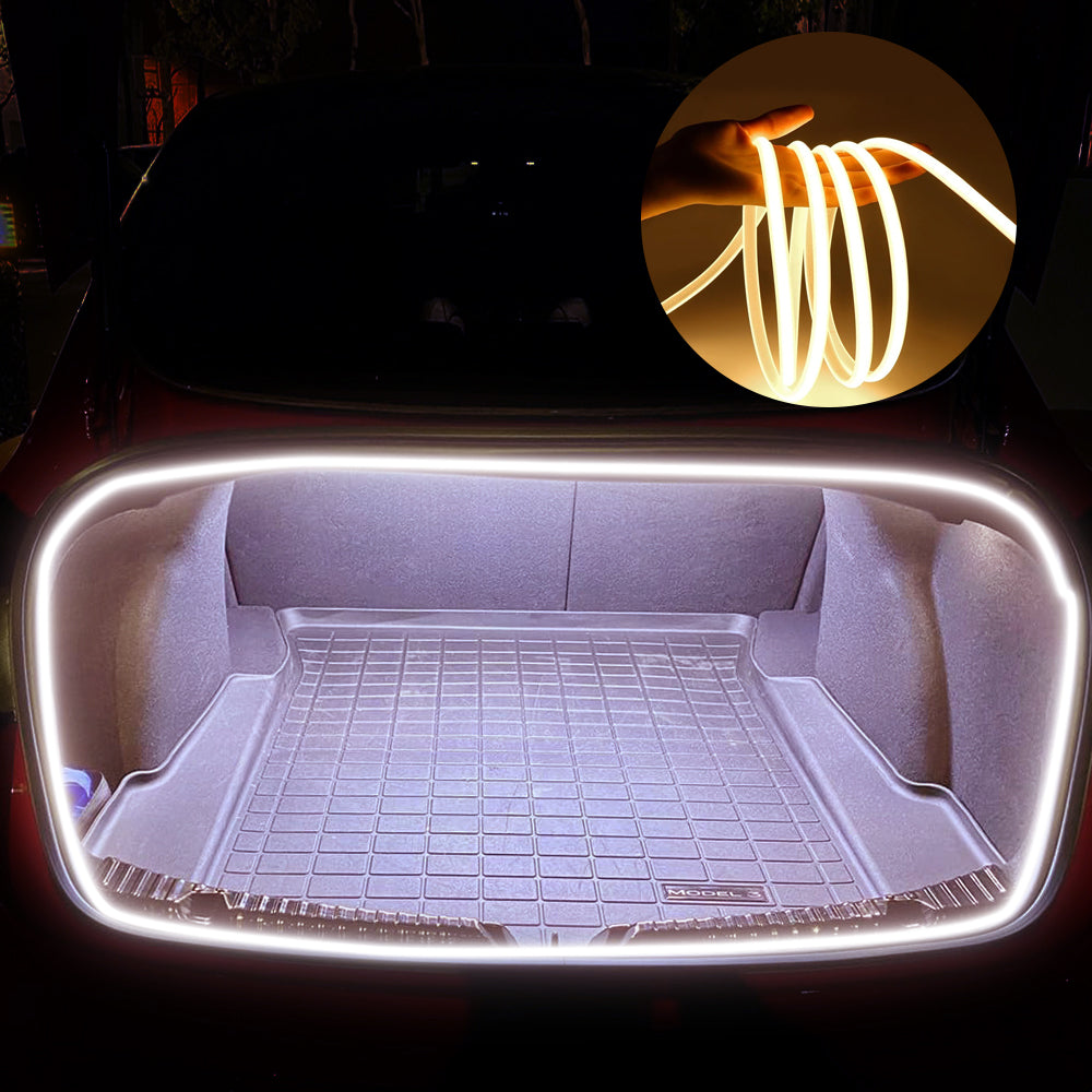 Tesla Model 3 trunk LED strip creates a bright white cargo-area outline for cleaner nighttime visibility.