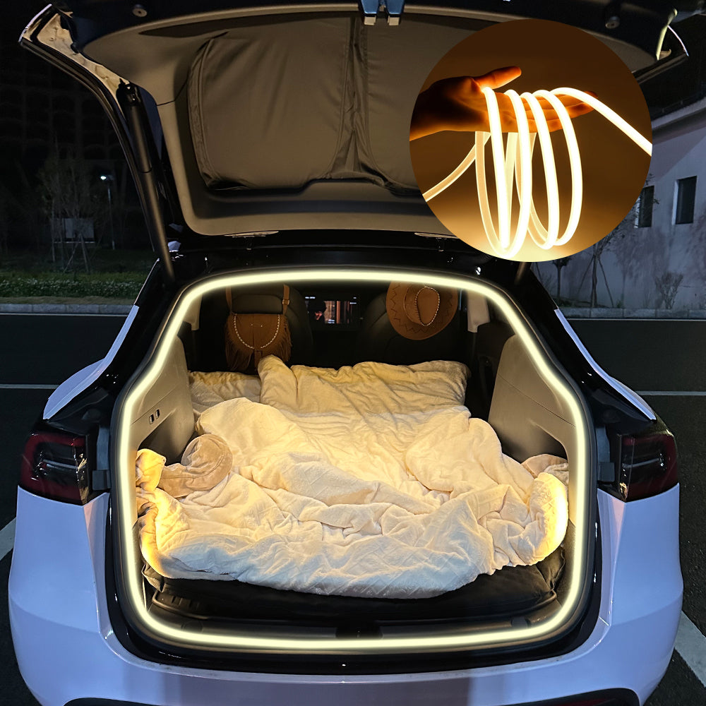 Tesla Model Y trunk LED strip adds a warm rear cargo glow around the luggage opening for nighttime loading.