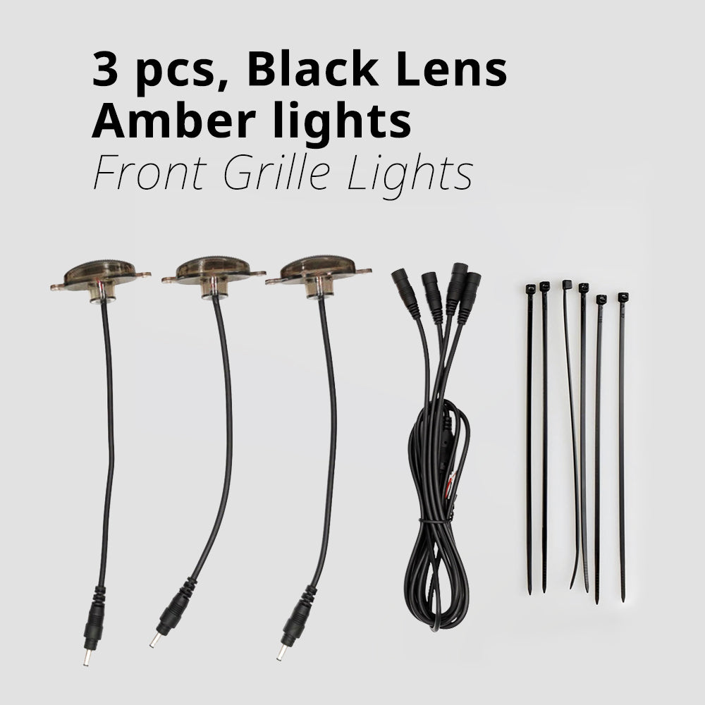 3-piece black lens amber grille light kit with wiring and mounting accessories for compact truck front-end setups.