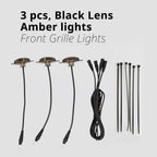 3-piece black lens amber grille light kit with wiring and mounting accessories for compact truck front-end setups.