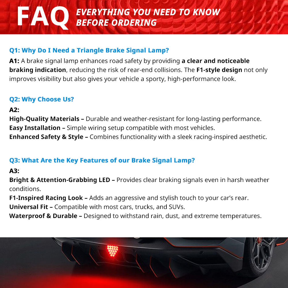 FAQ guide for triangle brake signal lights covering color choice, wiring, waterproof use, and compatible vehicles.