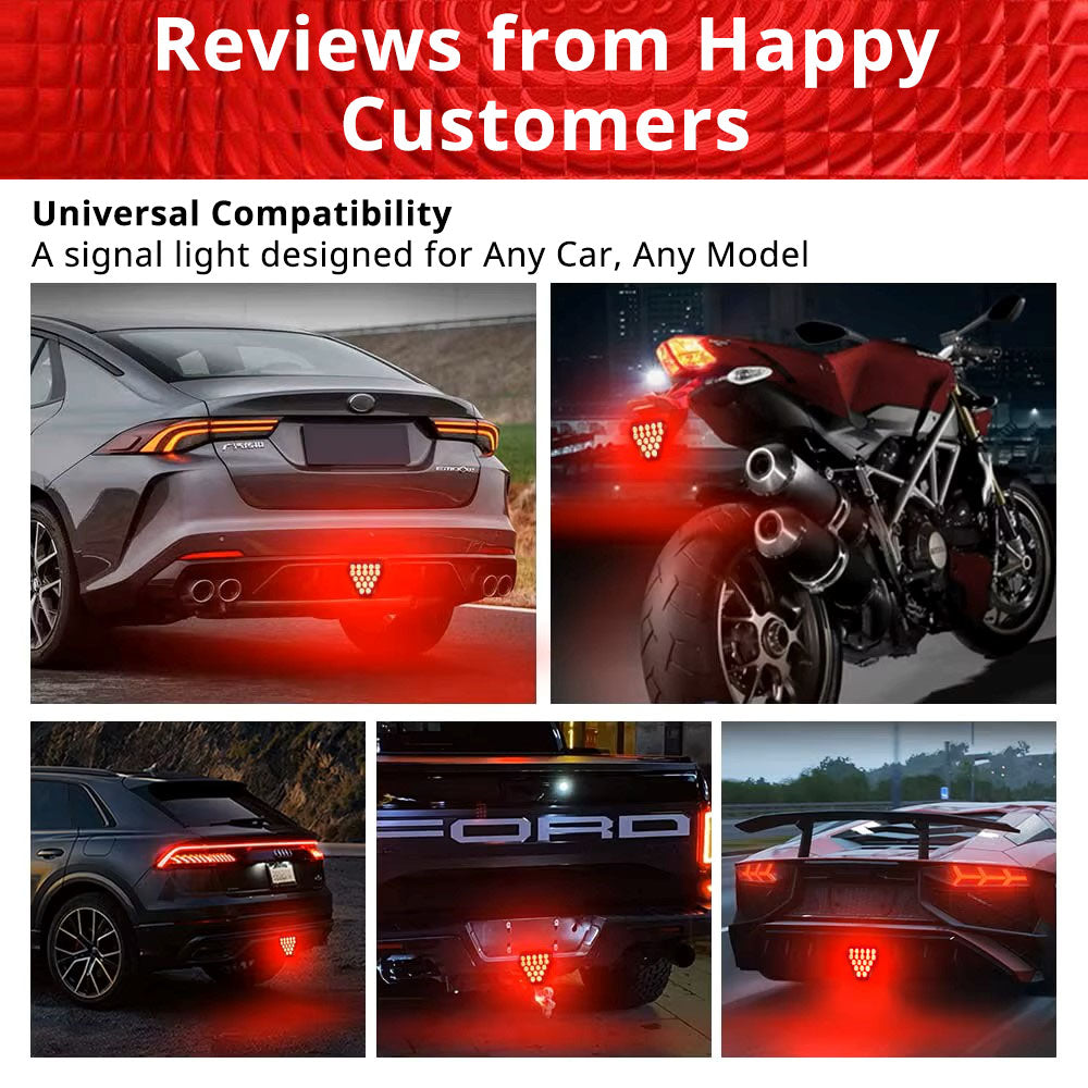 Triangle brake signal light installed on different cars and motorcycles for universal rear visibility upgrades.