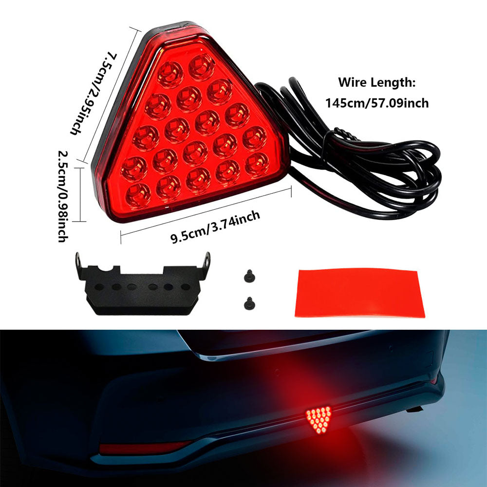 Triangle brake signal light kit with lamp body, 57-inch wire, bracket, screws, adhesive tape, and installed rear view.
