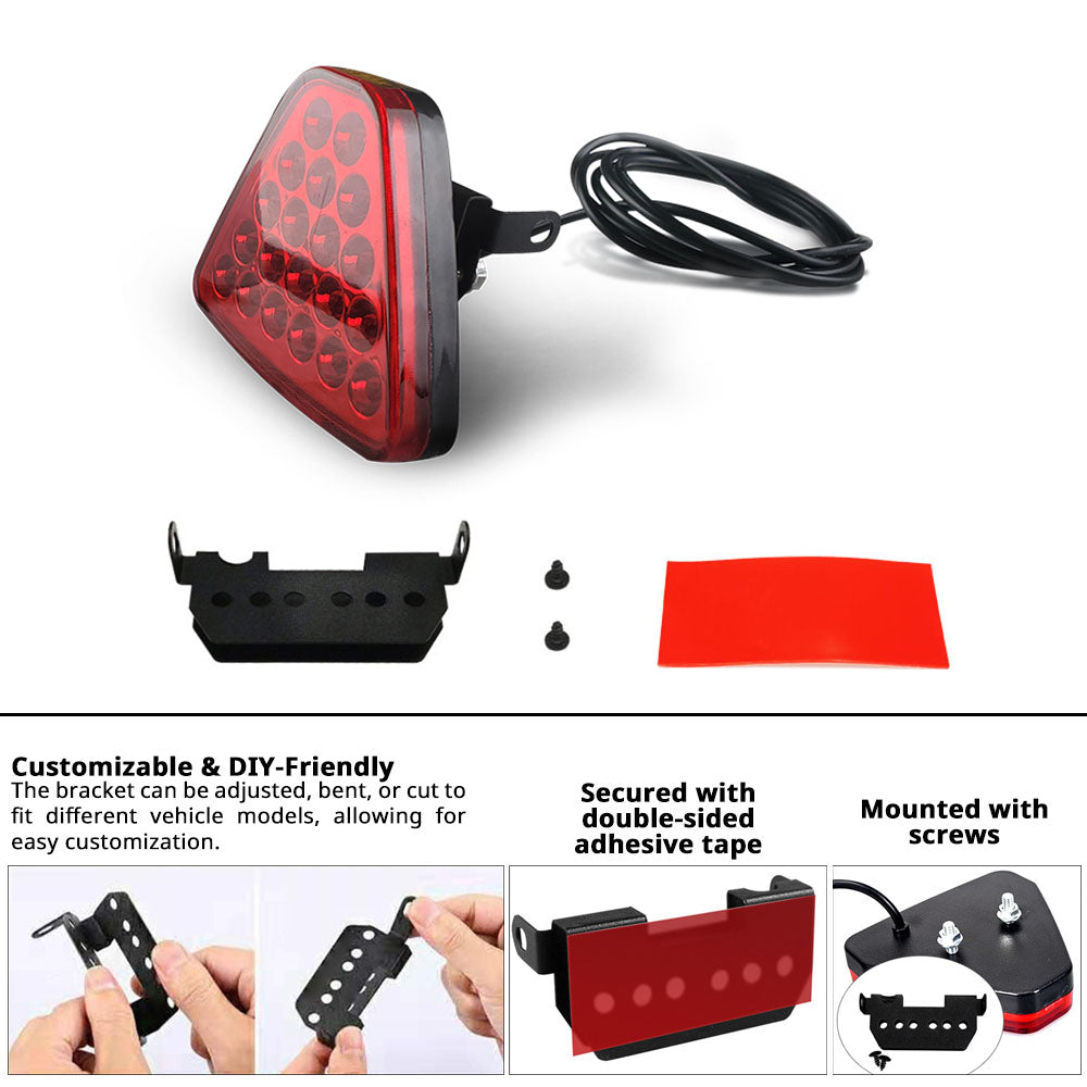 Triangle brake signal light includes mounting bracket, screws, adhesive tape, wire, and customizable rear placement options.