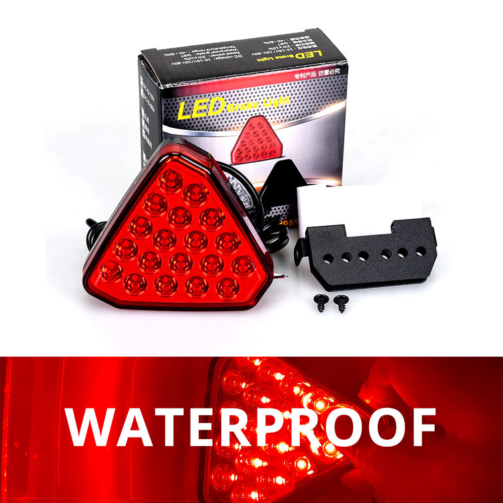 Triangle brake signal light package with LED lamp, mounting parts, retail box, and waterproof rear-use design.