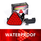 Triangle brake signal light package with LED lamp, mounting parts, retail box, and waterproof rear-use design.