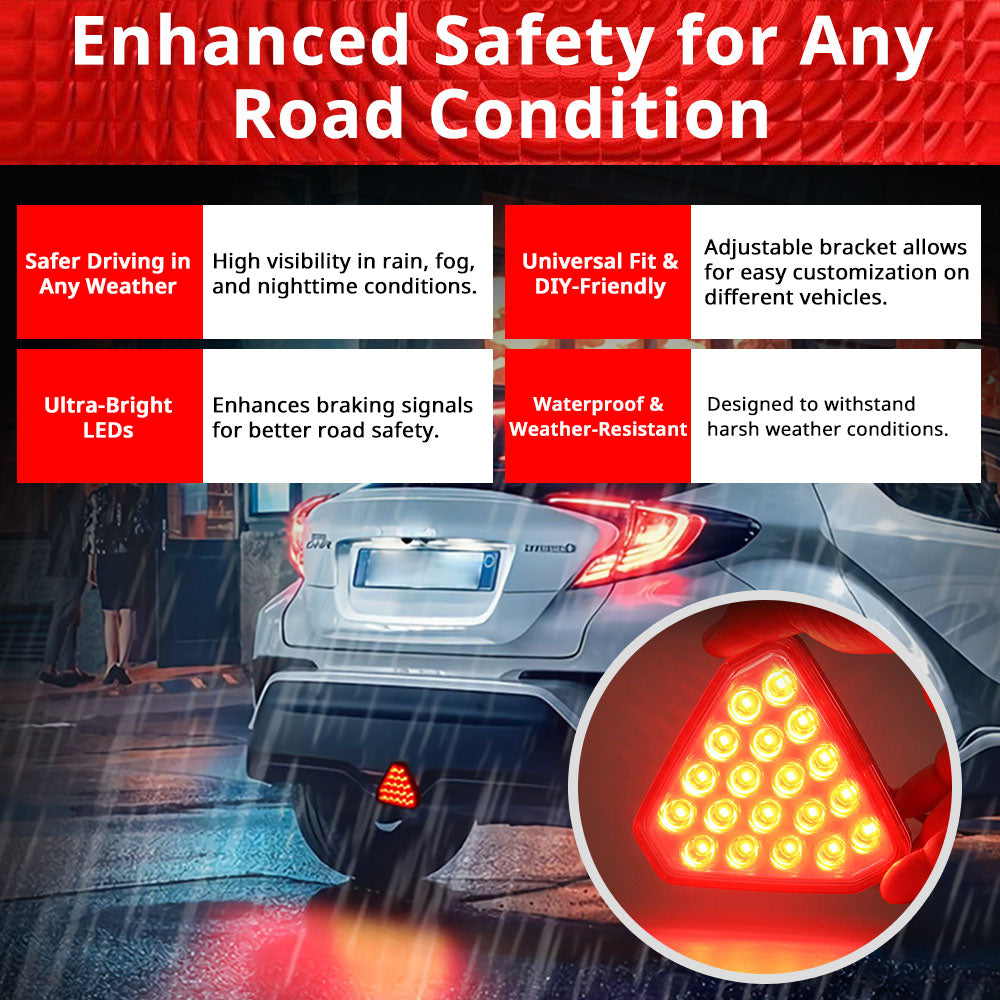 Triangle brake signal light improves rear visibility in night driving, rain, snow, fog, and low-light road conditions.